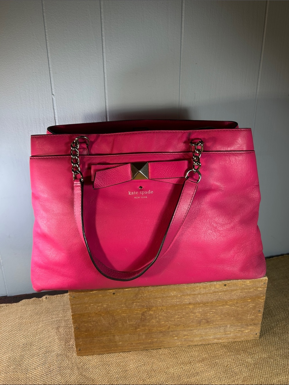 kate spade Hot Pink Leather Tote with Bow and Chain Straps